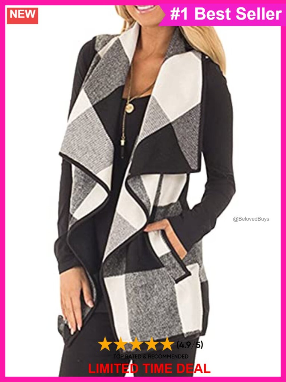 Women Plaid Vest Lapel Open Front Sleeveless Cardigan